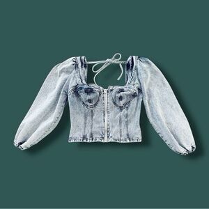 Acid Wash Denim Jean Corset Balloon Sleeve Top Blouse